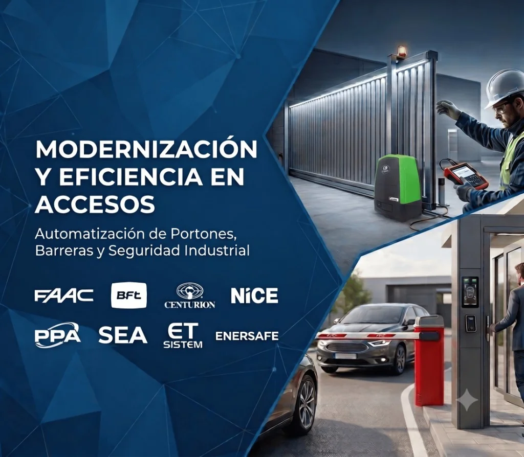 Modernización y eficiencia en accesos — automatización de portones, barreras y seguridad industrial con marcas FAAC, BFT, Centurion, Nice, PPA, SEA, ET Sistem y Enersafe